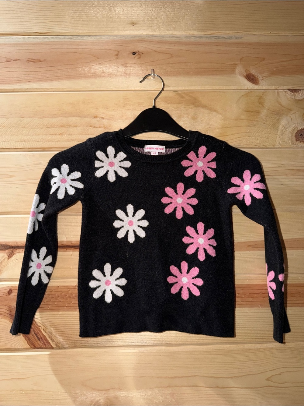 Design History Black Sweater with Pink & White Daisy Motif